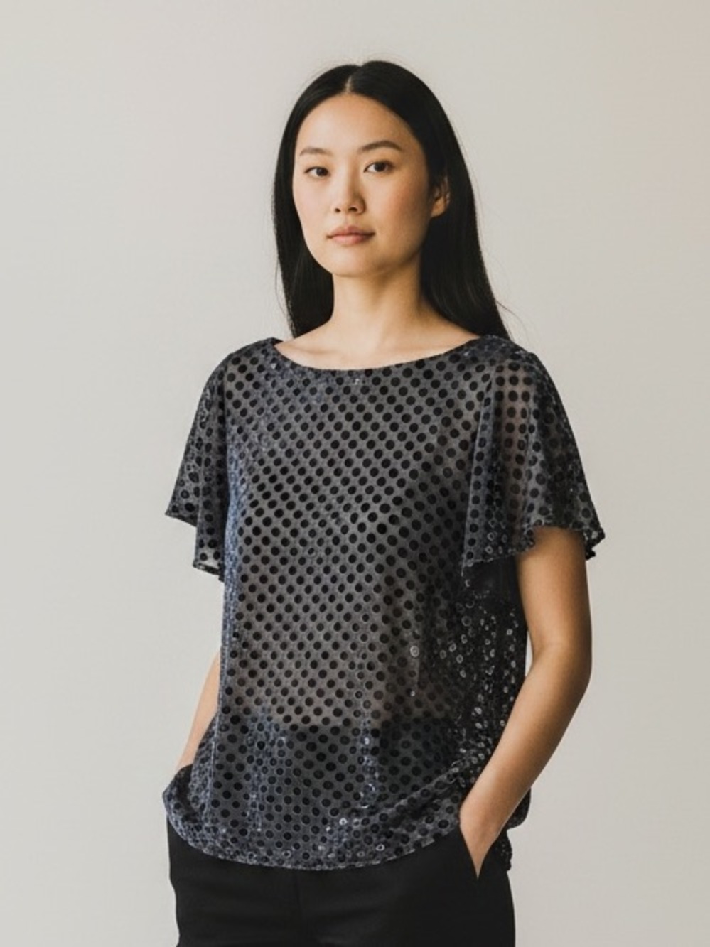 LOFT Black Sequin Dot Short Sleeve Blouse